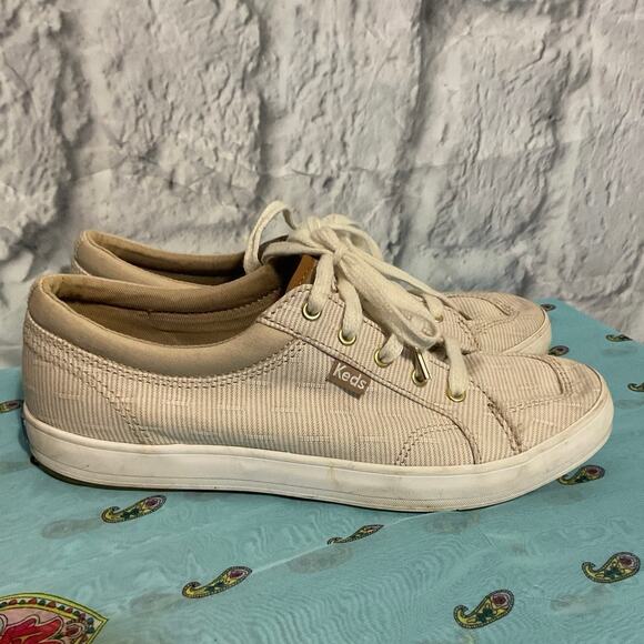 KEDS Size 6 Sneakers Tan White Pinstriped Excellent - Picture 1 of 15
